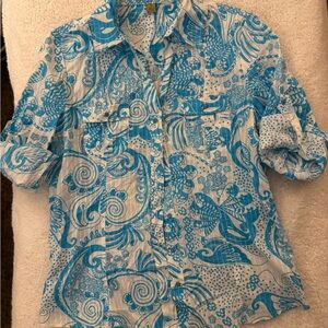 Peck & Peck Weekend White and Turquoise Floral Button-Up Blouse